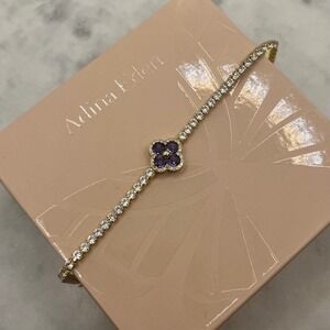 Purple Clover Pave Tennis Bracelet Adina Eden 14K Gold Plate Rhinestone CZ Jewel